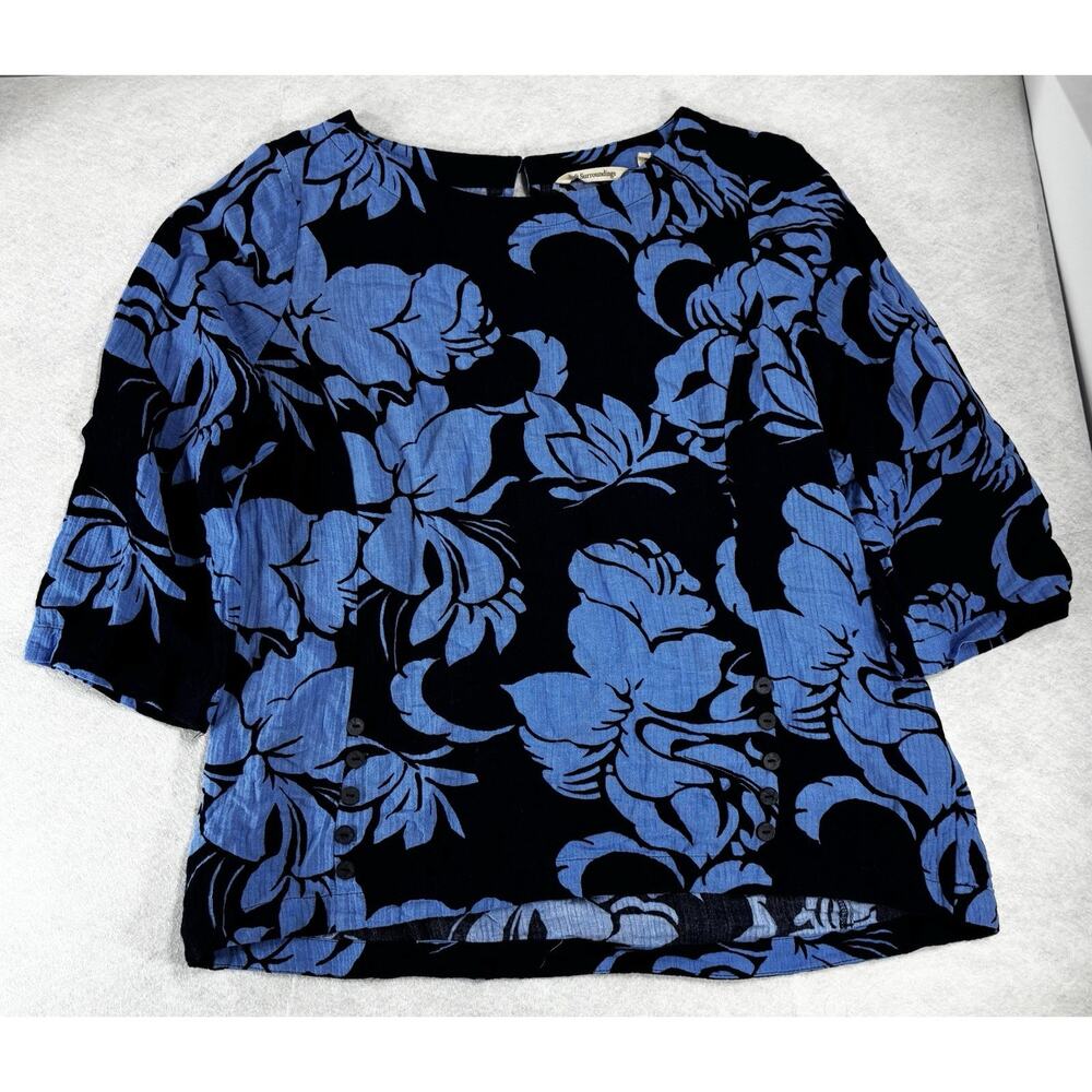 Soft Surroundings Blue Floral Textured Blouse Top Women PM Boho Casual